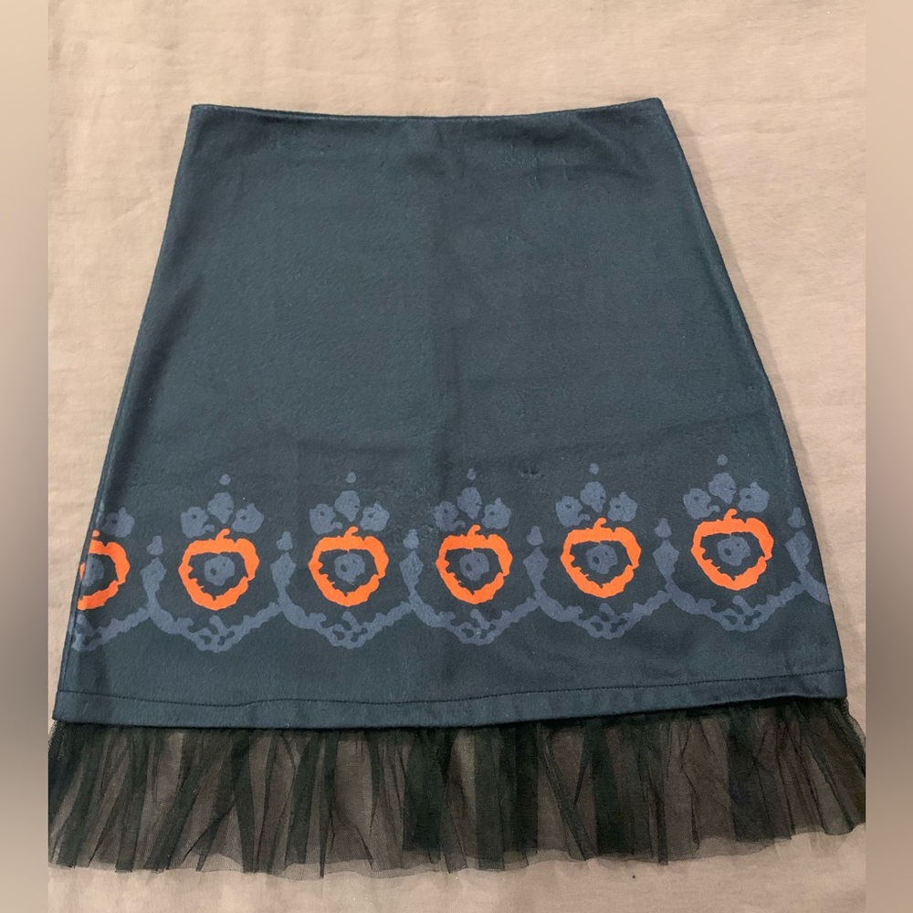 Black Skirt with Orange and Blue Pattern and Tulle Trim